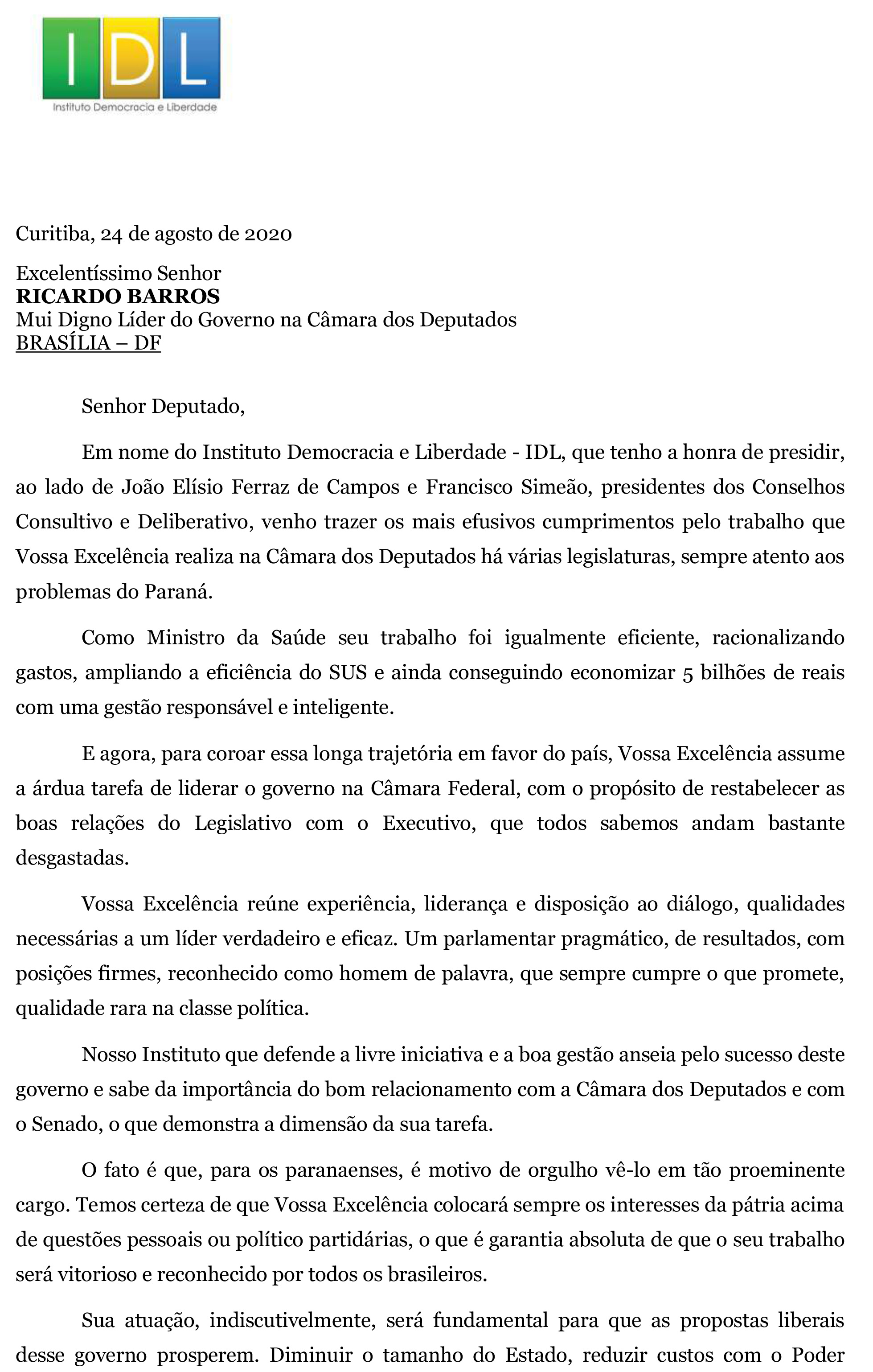 IDL - Carta Ricardo Barros - líder do Governo na Câmara Federal - 24 AGO 20-1